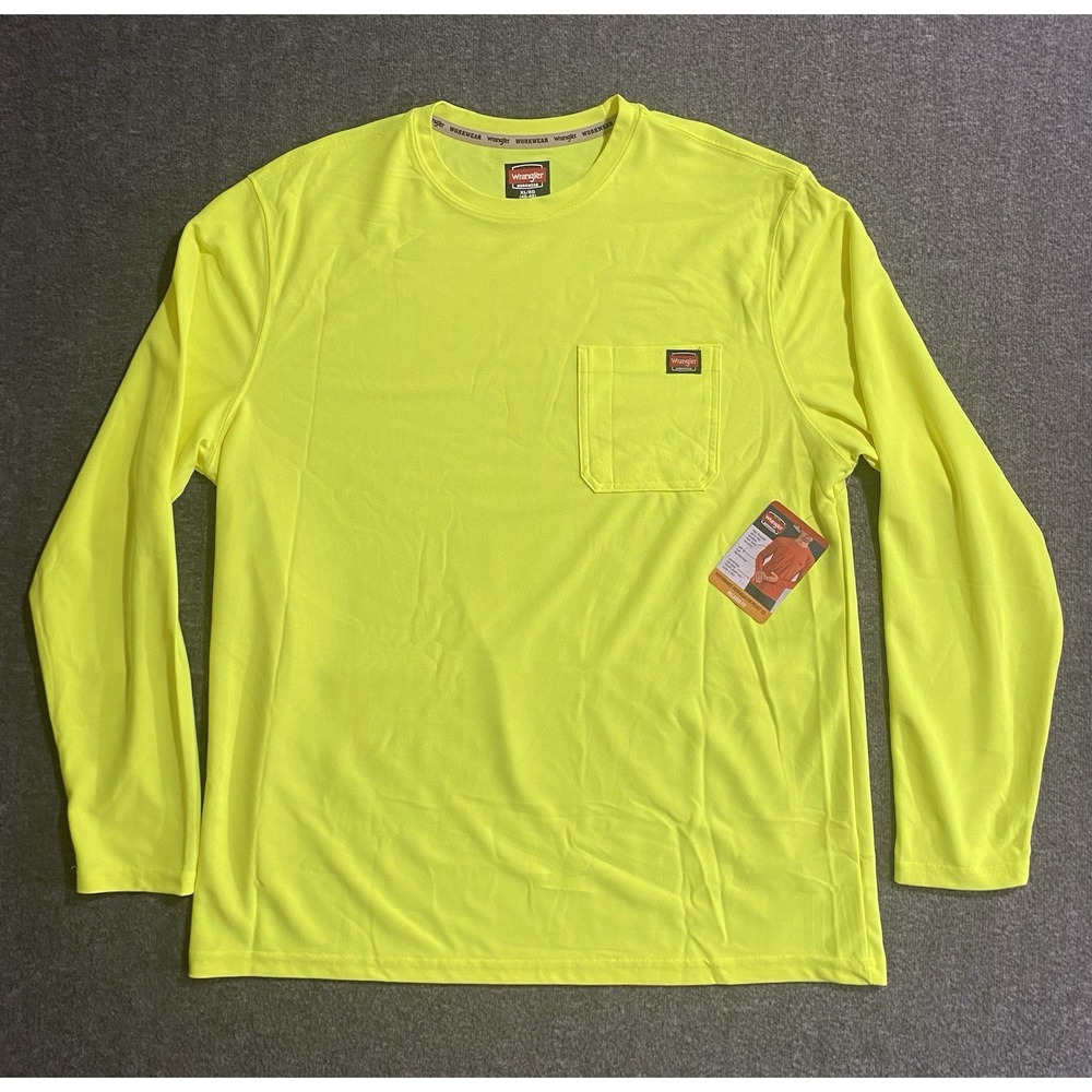 Wrangler Workwear T-Shirt Mens Neon Yellow LS Pocket Crew Tee XL WW55145Y